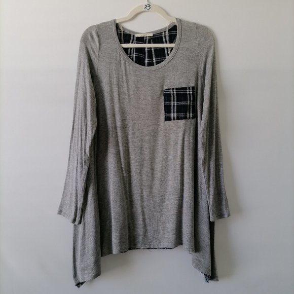 Easel Womens Gray Blue Plaid Back Long Sleeve Pocket Tunic T-Shirt Size L - Picture 1 of 6